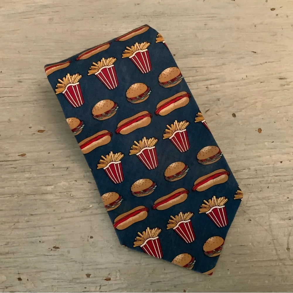 Rooster All Cotton‎ Made in USA Pig Out Hot Dog Hamburger Fries Necktie Like New
